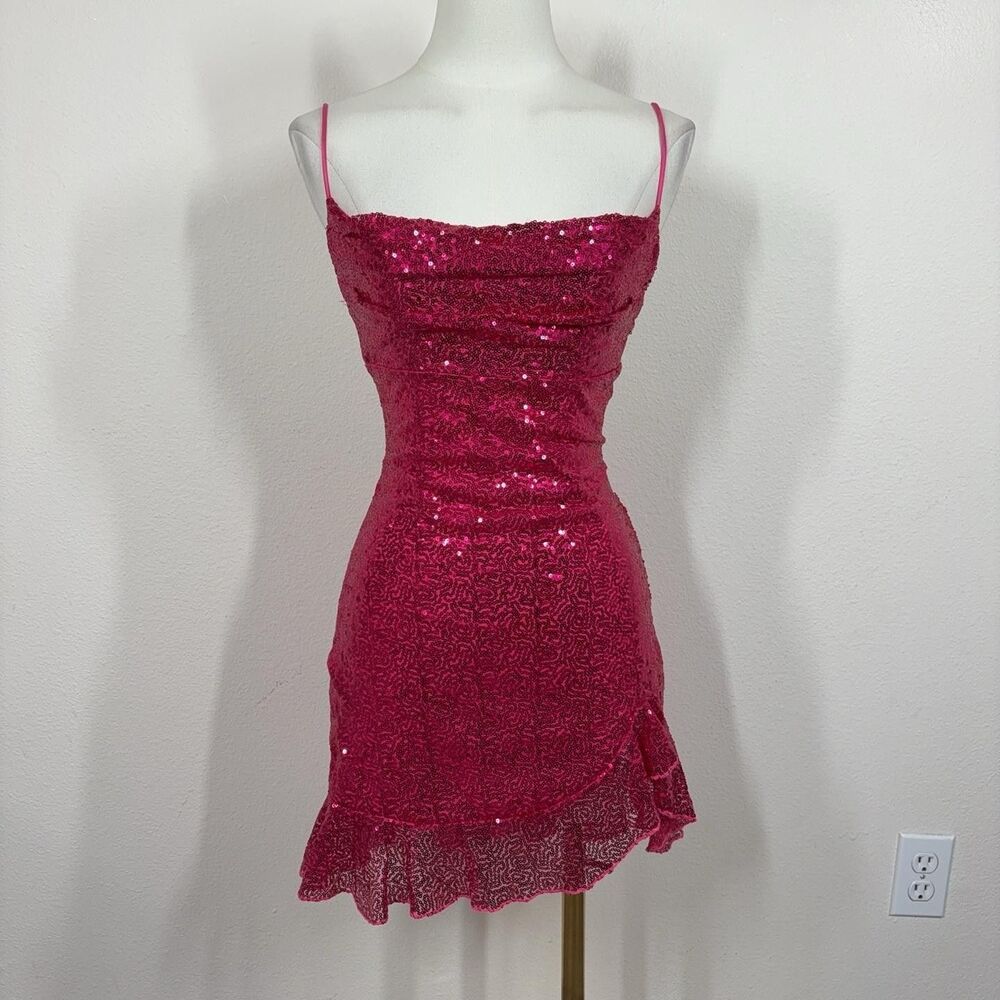 Lucy In The Sky Dress Womens Small Pink Sequin Slip Bodycon Mini Lace Up Party